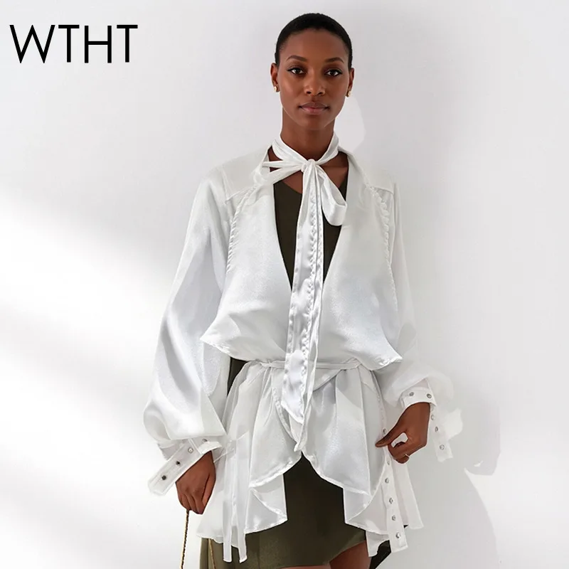 

WTHT Trendy Women France Style Bows Bandage Design Chiffon Shirt 2026 Spring Fashion V-neck Long Sleeve Blouse Female 1LS2967
