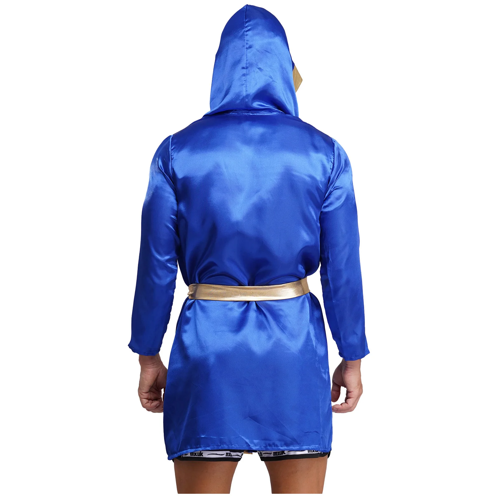 Mens Boxing Robe Metallic Trim Gown And Adjustable Belt Premium Satin Hooded Cloak with Belt Halloween Carnival Boxer Costume