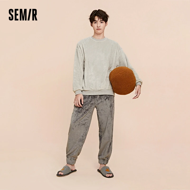 Semir Outwear Housewear Suit Men\'S Loose Flannel Plush Thickened Contrast Color Long Sleeved Trousers Lovers\' Pajamas Women