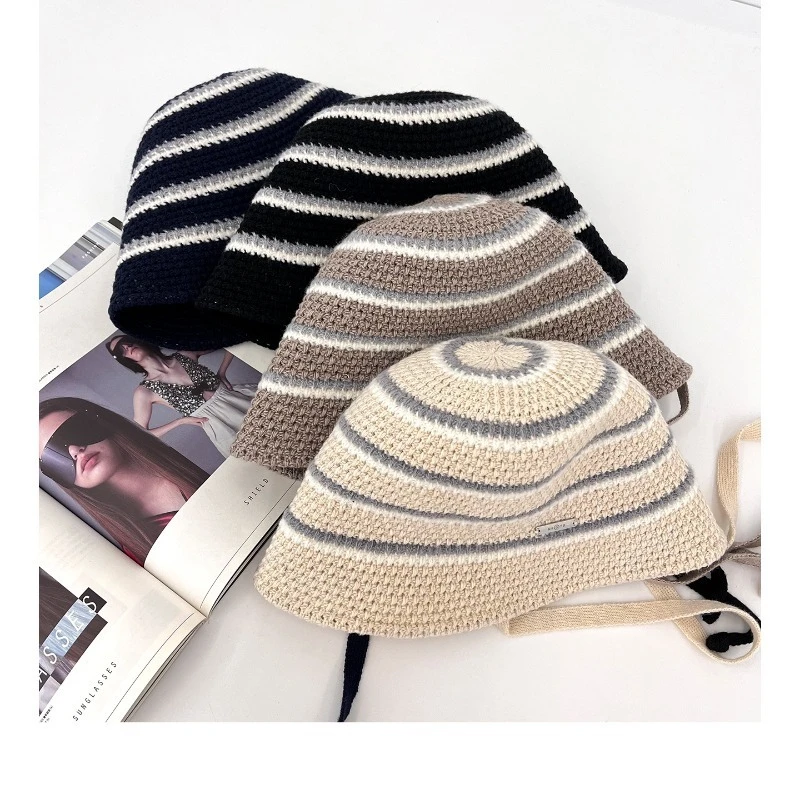 اليابانية بسيطة مخطط حزام واسعة حافة محبوك قبعة المرأة الربيع والخريف موضة في الهواء الطلق تنوعا الدافئة قبعات دلو عادية #5