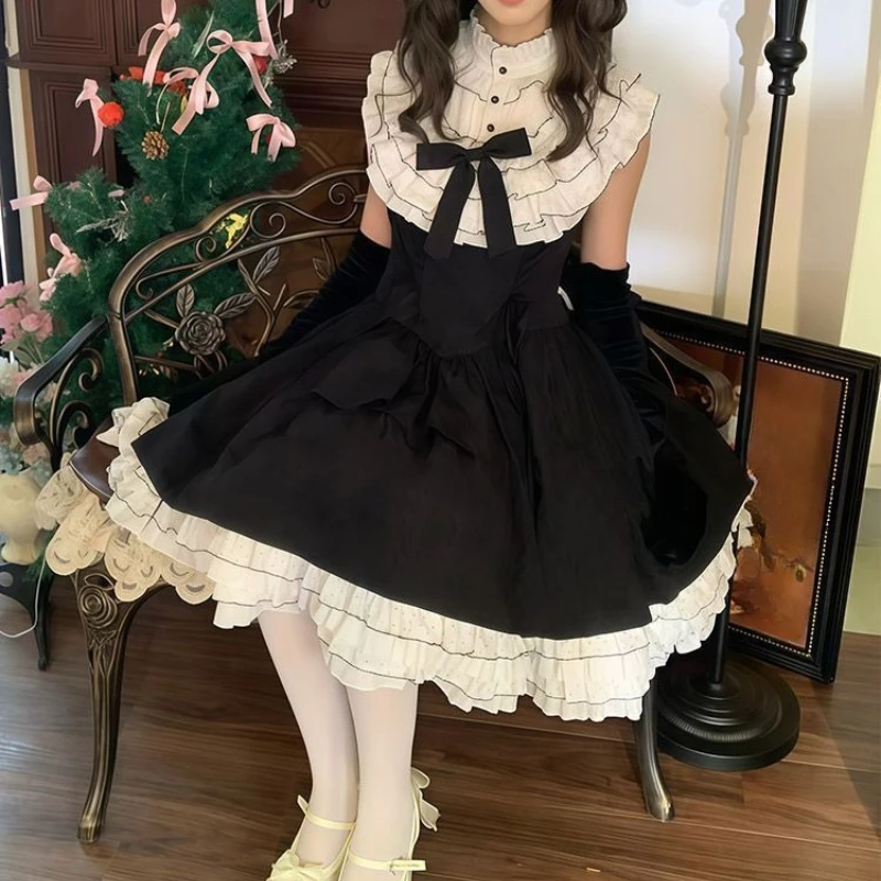 Japanese Gothic Y2k Lolita JSK Dresses Women Vintage Ruffle Collar Patchwork Dress Girl Casual Daily Sleeveless Princess Dresses
