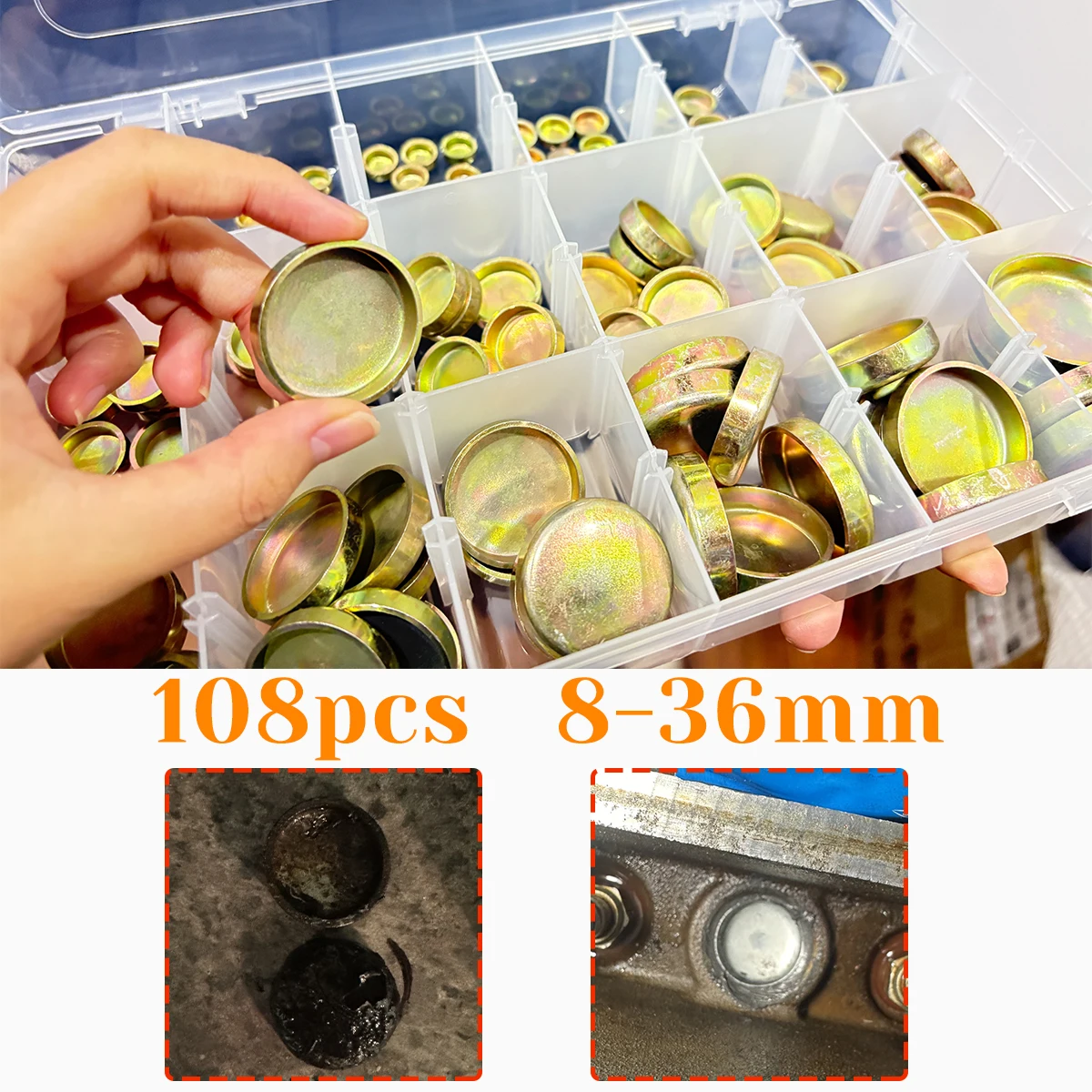 

108pc Universal 8-36mm Engine Core Plug Expansion Welch Block Freeze Cap Cylinder Head Frost Plug Cover 1.6L Zinc Plated Cup Car