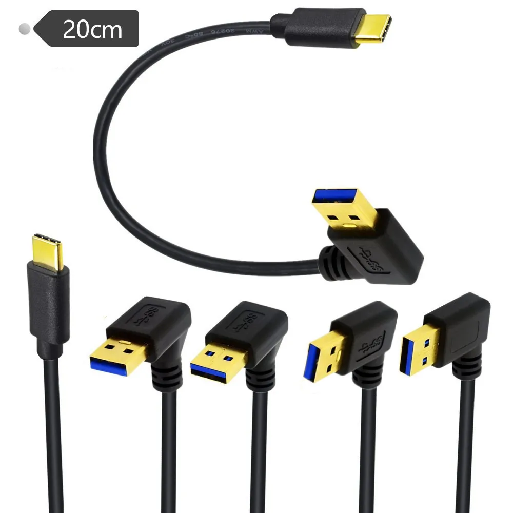 Enchufe chapado en oro USB3.1 tipo C A USB 3,0 tipo A, 90 grados, ángulo izquierdo y derecho, Cable adaptador macho A macho, 0,2 m/20cm