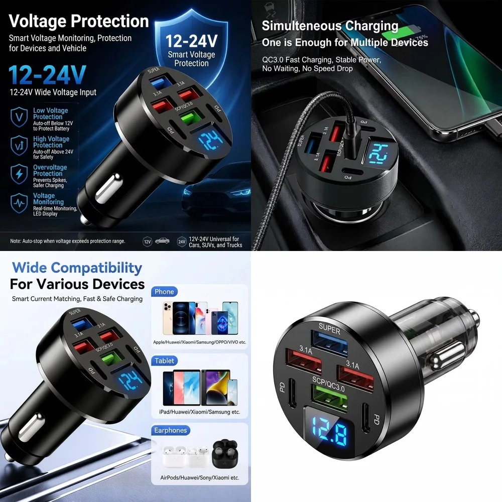 6 Port Car Charger 100W with LED Digital Voltage Display Multi Port QC3.0 SCP PD USB Fast Charging for iPhone Samsung Huawei