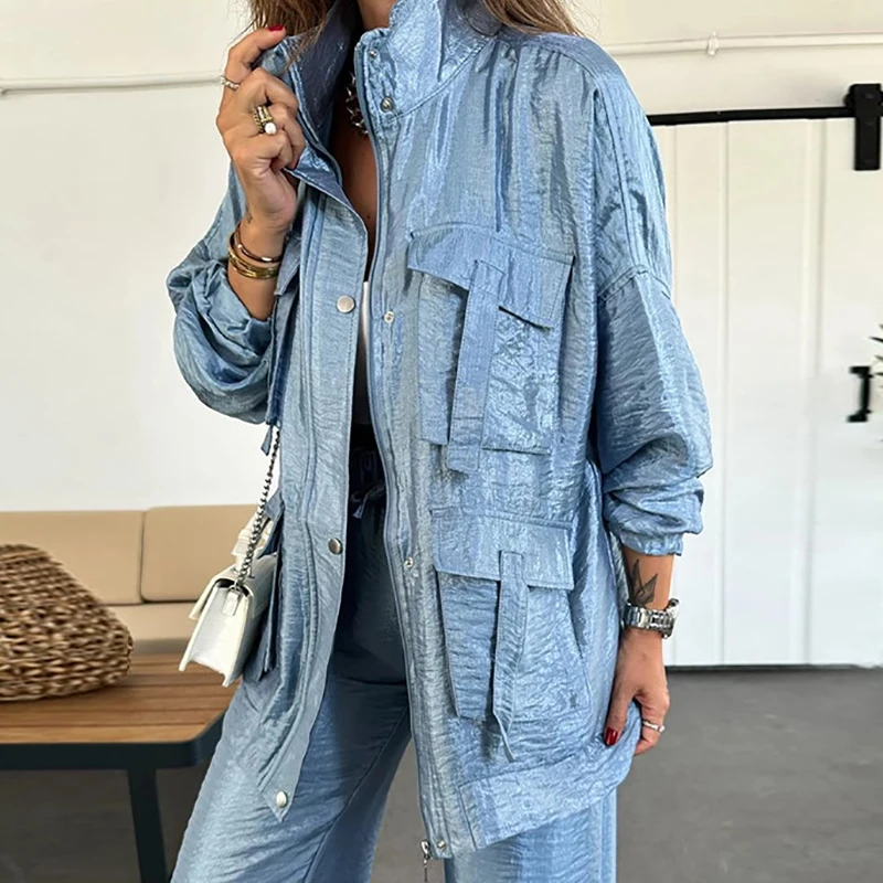 レトロメタリックカラーの女性のジャケットストレートレッグパンツ 2Psc カジュアルラペルボタンジッパーオフィストップ長袖ポケットアウター