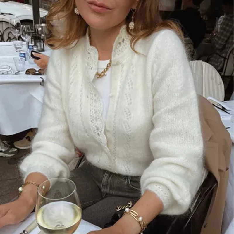 เสื้อคาร์ดิแกนไหมพรมถักลายฉลุ แขนยาว ทรงหลวม สไตล์ลำลอง ติดกระดุมแถวเดียว สีพื้น สำหรับผู้หญิง คอลเลคชั่นฤดูใบไม้ร่วง ปี 2025 รุ่น Tornova