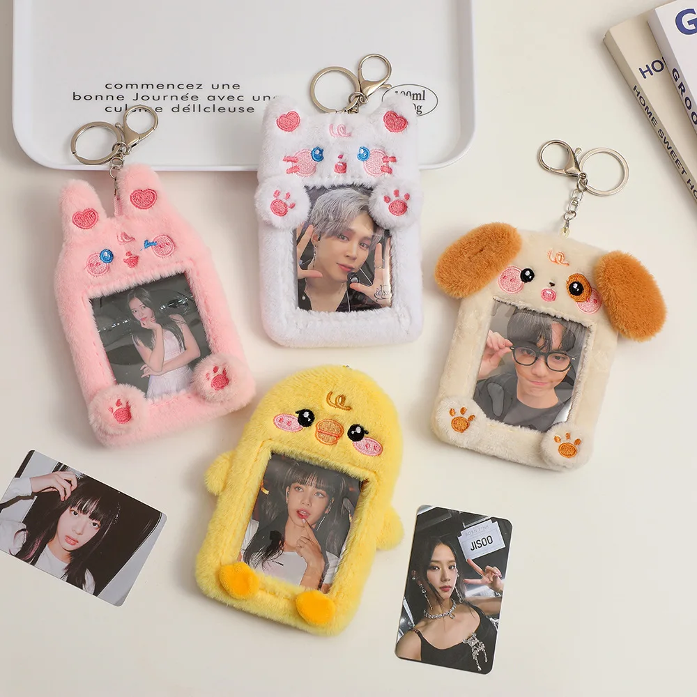 Plush Photocard Holder Keychain Cardholder with Keychain ID Badge Holder Bus Card Pendant Keychain Photo Protective Sleeves