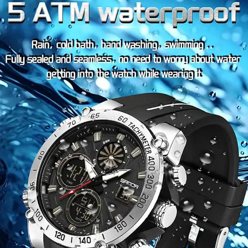 SANDA موضة جديدة للرجال ساعة رياضية عرض مزدوج التناظرية الرقمية مقاوم للماء ساعة LED الإلكترونية مضيئة الرجال كوارتز ساعة اليد