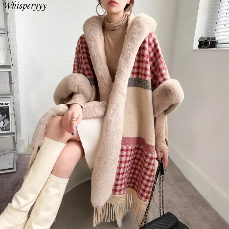 Women Tassel Shawl Cloak Coat Plaid Poncho Big Fur Collar Christmas Clothes Plus Velvet Thick Cape Femme Hooded Cardigan Manteau