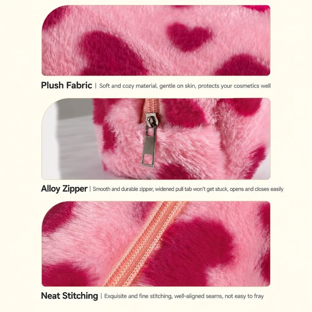 1Pc Ins Fluffy Makeup Bag Heart Print Large Capacity Cosmetic Pouch Makeup Pouch Home Travel