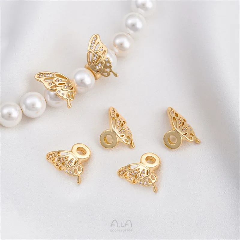 14K Bag Gold Inlaid Zircon Butterfly Wings Bead Spacer Handmade DIY String Pearl Bracelet Necklace Jewelry Accessories