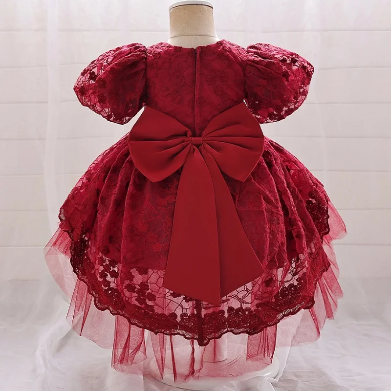 Girls' New Bow Princess Dress Baby Bubble Sleeve Fluffy Dress One Year Banquet Flower Girls' Performance Dress