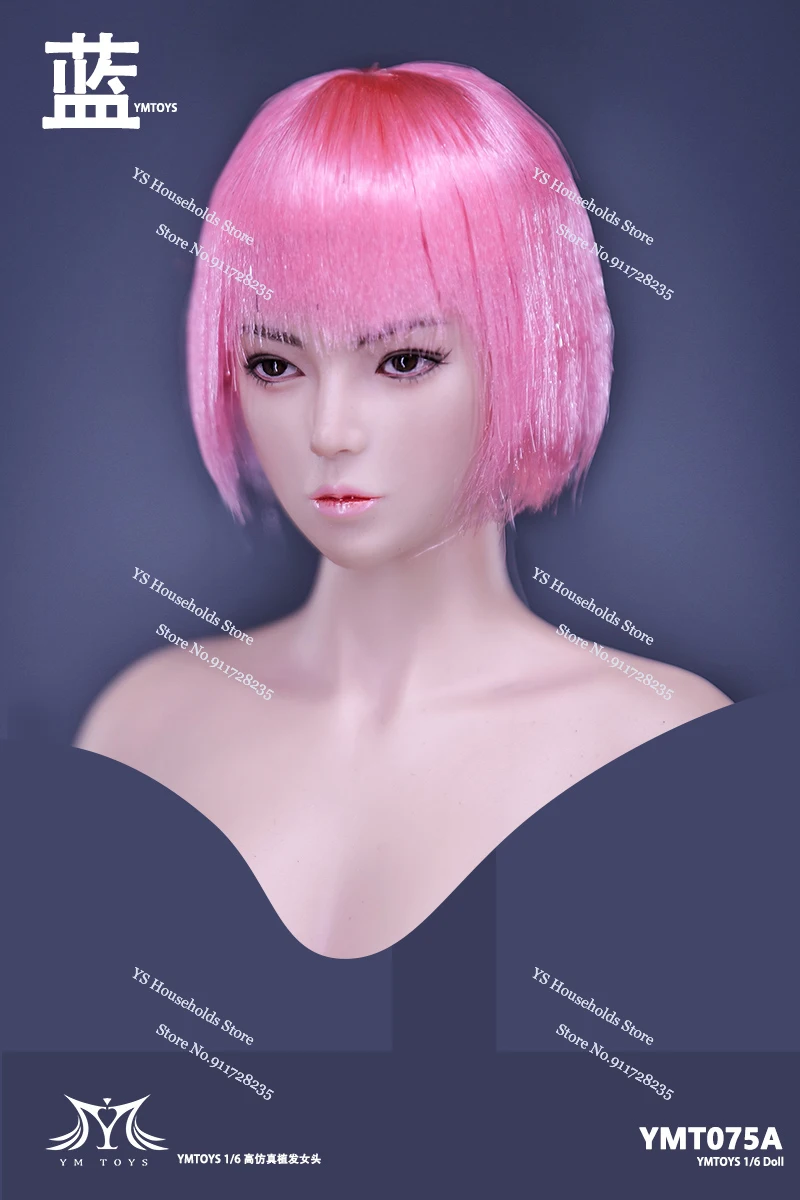 YMTOYS 1/6 YMT075 Blue Pink Short Hair Cool Girl Delicate Head Sculpt Model Accessory For 12