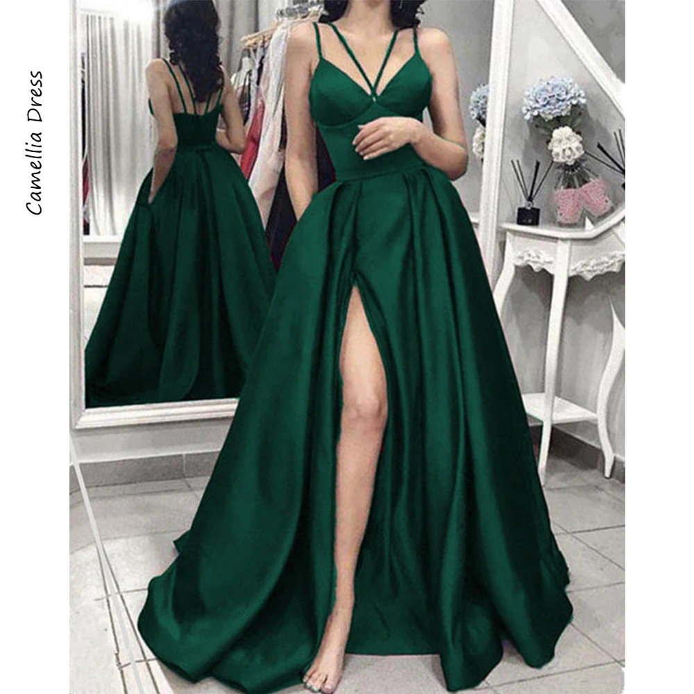 

Long Satin Split Evening Dress A-Line Party Dresses V-neck Spaghetti Straps Elegant And Pretty Women's Dress Vestidos De Fiesta