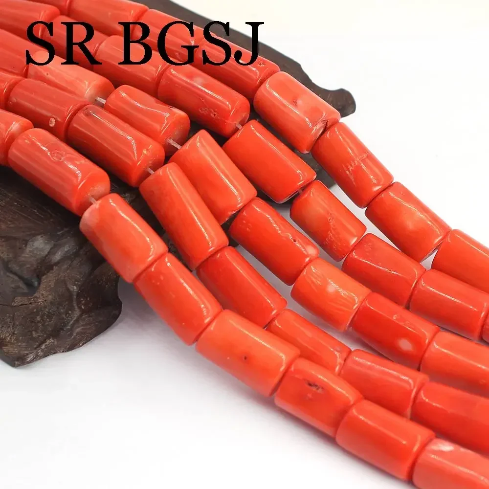 10-12mm Red / Orange Column 100% Real Genuine Natural Sea Bamboo Coral Large Beads Strand 15