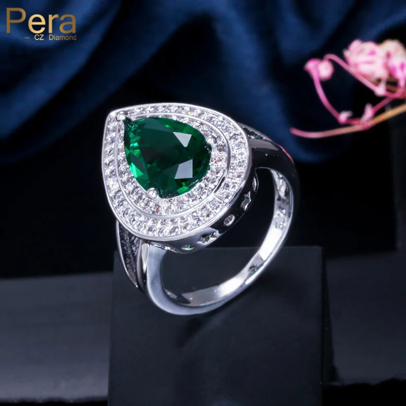 Pera High Quality Big Water Drop Lovely Green Cubic Zirconia Stone Paved Luxury Women Wedding Finger Rings for Brides Gift R053