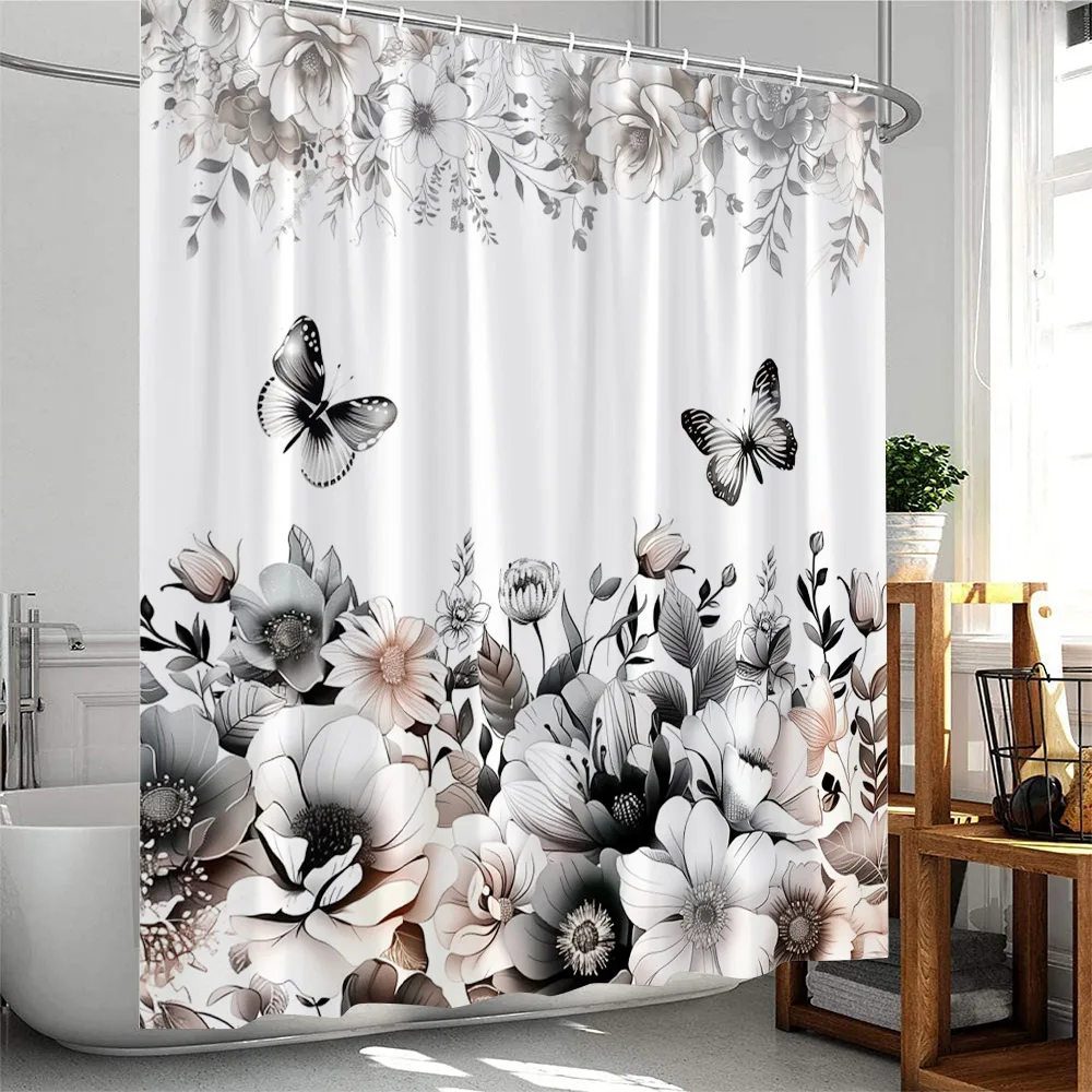 

Занавеска для душа с цветочным узором и бабочками, розы, растительный орнамент, декор для ванной комнаты, элегантная занавеска из полиэстера с крючками
