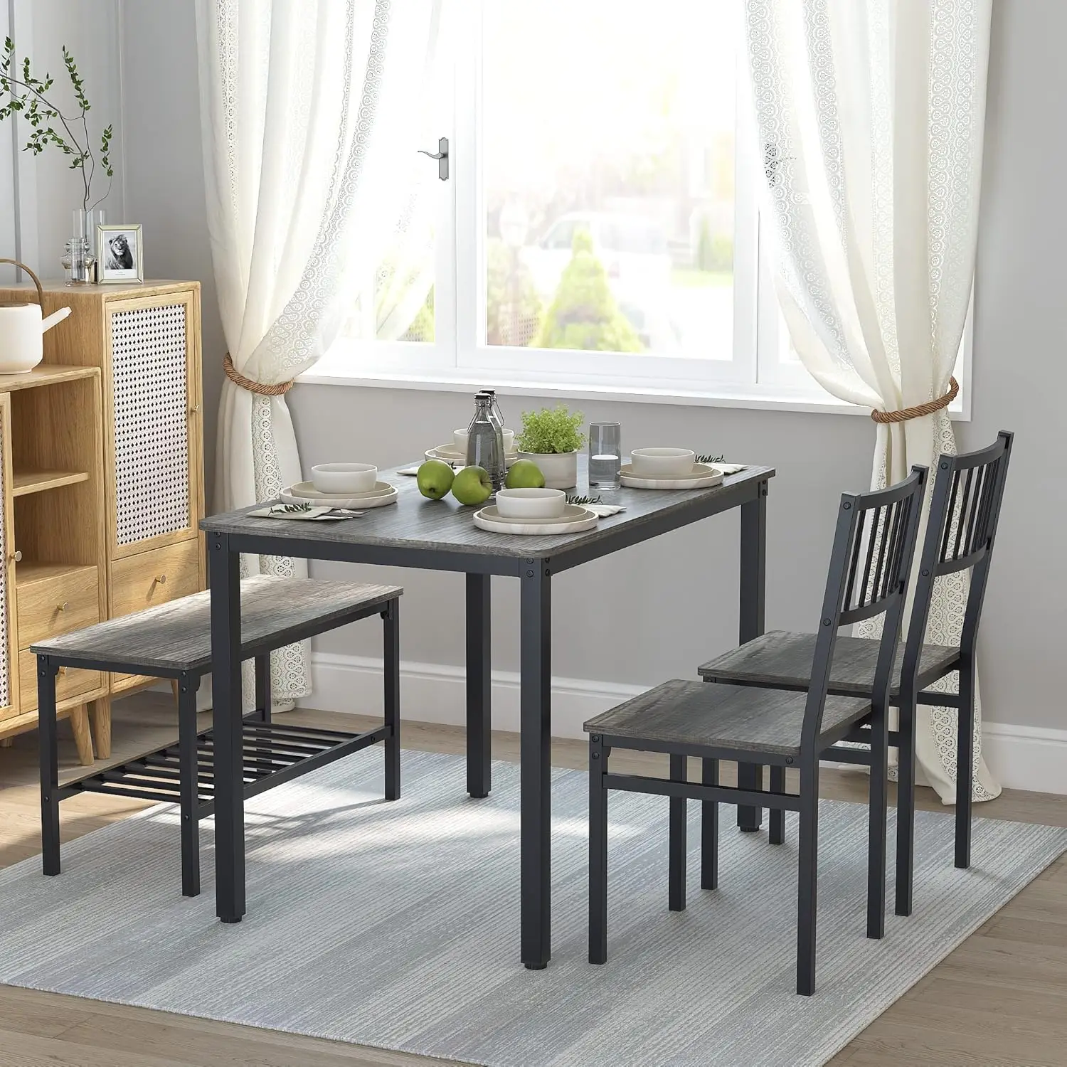 able with 2 Chairs and a Bench,Table and Chairs Dining Set 4 Piece Set for Dining Room (Black Oak+Black Frame