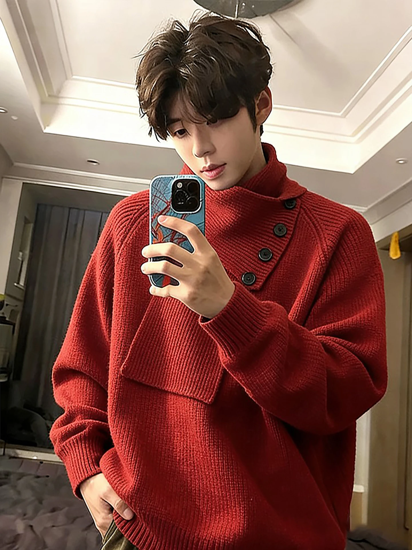

Красный вязаный свитер для мужчин с отстегивающимся воротником-утеплителем, в корейском стиле, весенний, молодежный, свободного кроя, с длинными рукавами, высоким воротником