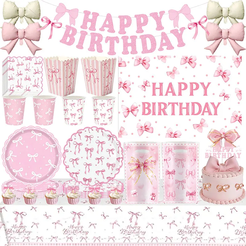 Decoración de Fiesta de Cumpleaños con Lazo Rosa para Niña, Vajilla, Vasos, Platos, Servilletas, Juego de Globos, Bolsa de Regalo, Pancarta, Artículos para Fiestas de Cumpleaños y Bodas