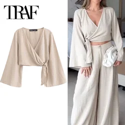 TRAF Wrap Crop Tops Women 2024 Ties Long Sleeve Blouses For Women Fashion Streetwear Cropped Blouses Elegant Chic Woman Top