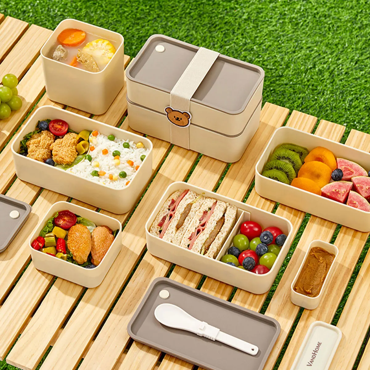 WORTHBUY Fiambrera de plástico para Picnic, cajas Bento selladas portátiles con correas de dibujos animados, contenedores de comida reutilizables, aptos para microondas