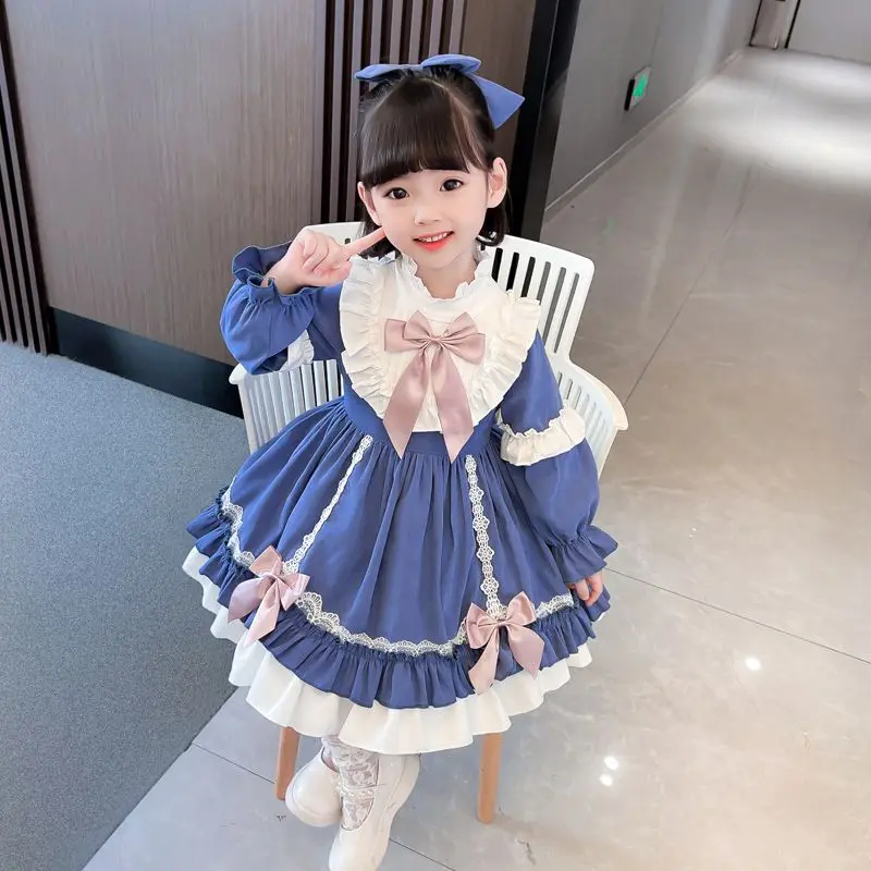 2024 Elegant Fashion Harajuku Slim Fit Children Clothes Loose Casual All Match Princess Dress Solid O Neck Long Sleeve Dresses