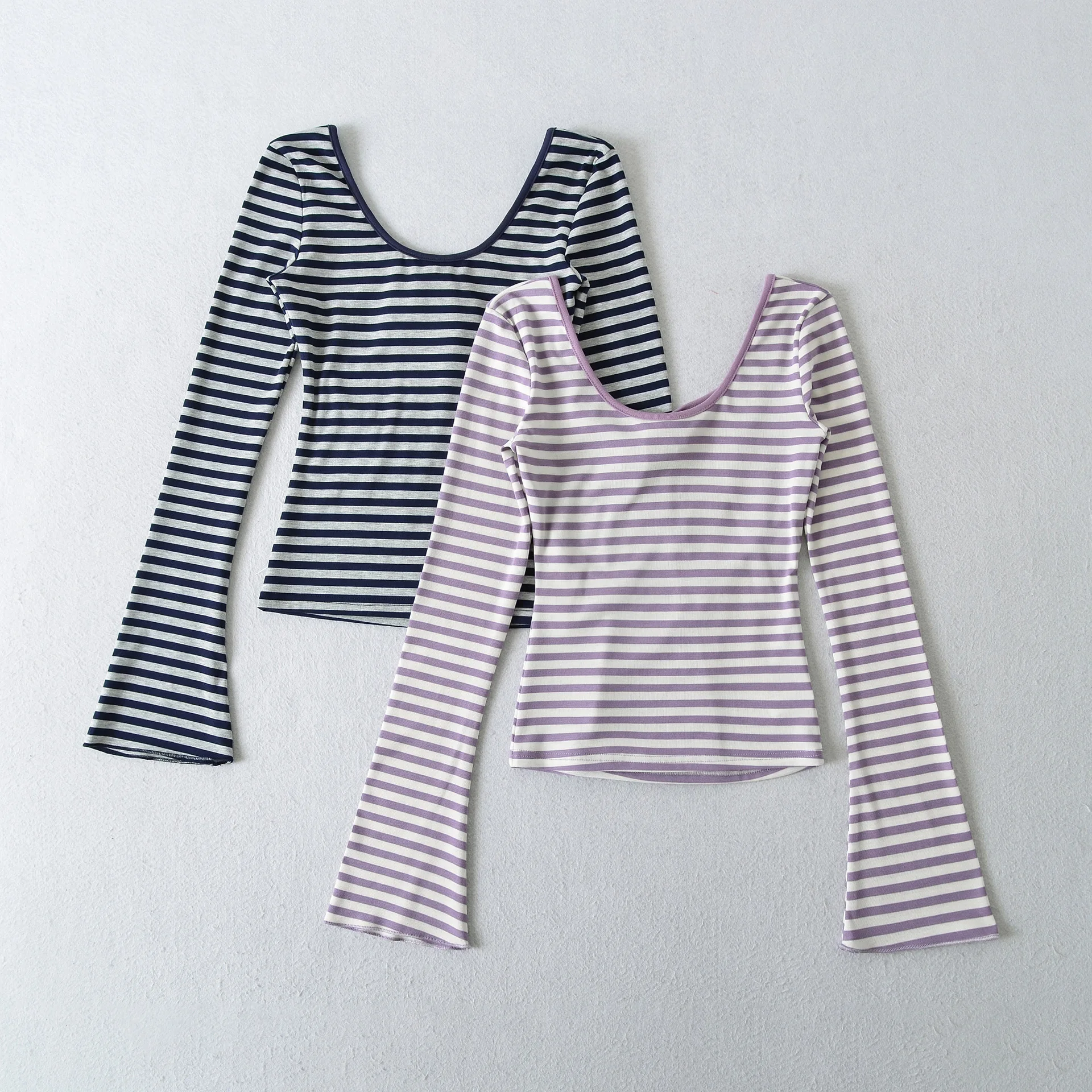 Spicy Sexy Lyocell Striped Big U-Neck Backless Slim Fit Stretch Long Sleeve Regular Shoulder T-Shirt Top Waist-Cinching Base VA