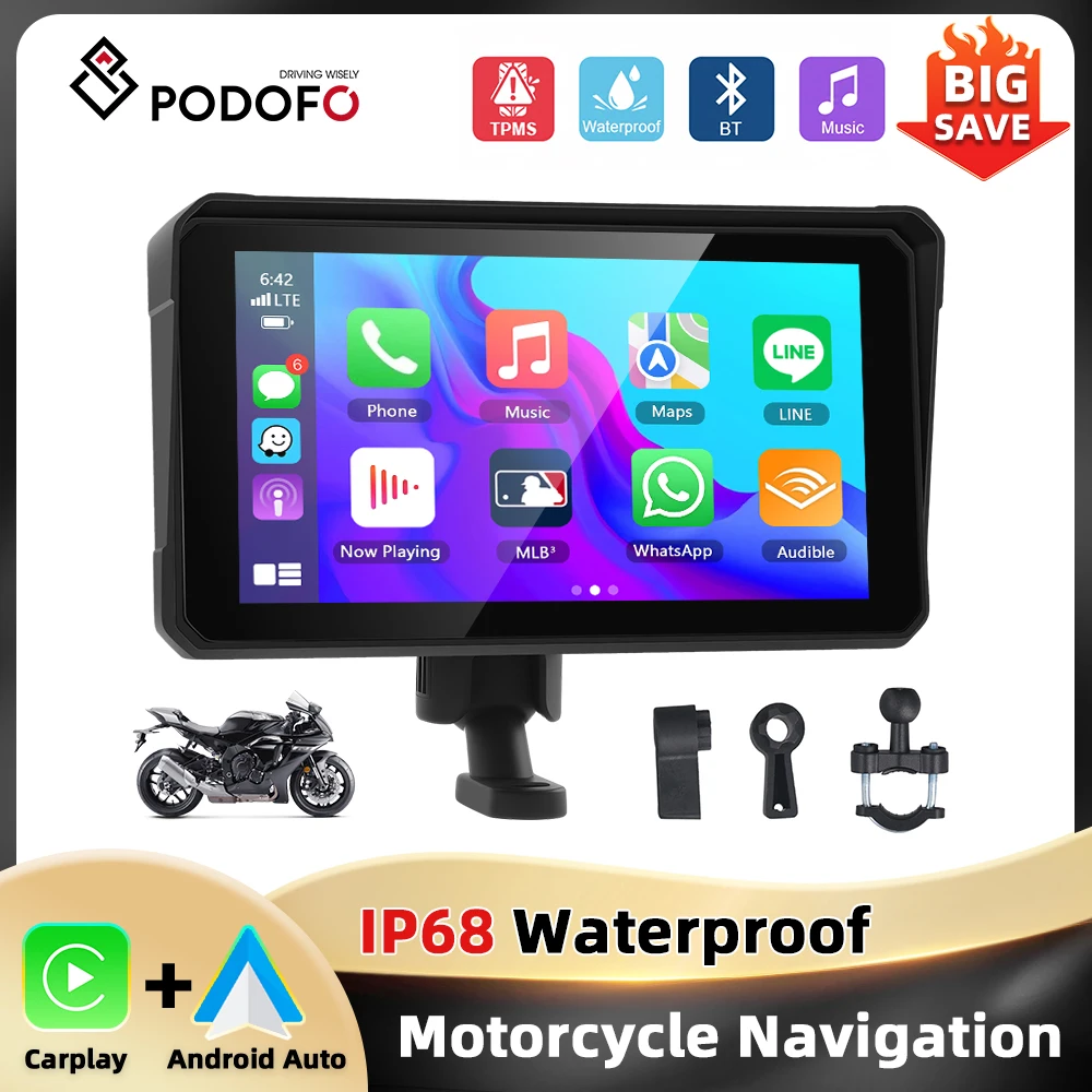 Podofo Motorradmonitor 6'' Touchscreen Carplay Android Auto IP68 Wasserdicht Automatische Helligkeitsanpassung Reifendruckerkennung BT