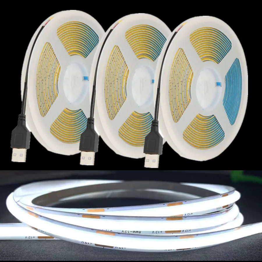 DC 5V USB pasek COB Led światła zasilane USB o wysokiej gęstości oświetlenie liniowe 320LED/m elastyczna taśma LED 3000K/4500K/6500K kolory