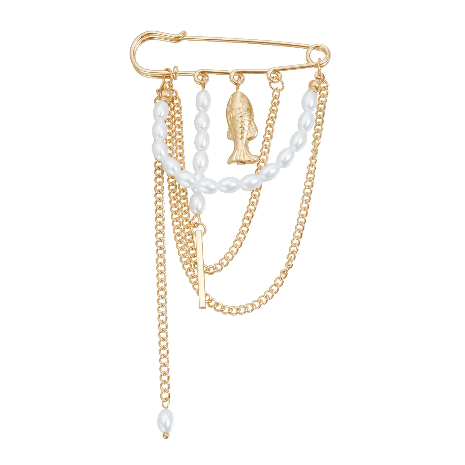 Broche rétro de luxe en or avec pendentif arbre de vie et poisson, chaîne en métal perlé, pompon, pour homme et femme, accessoire de bijoux