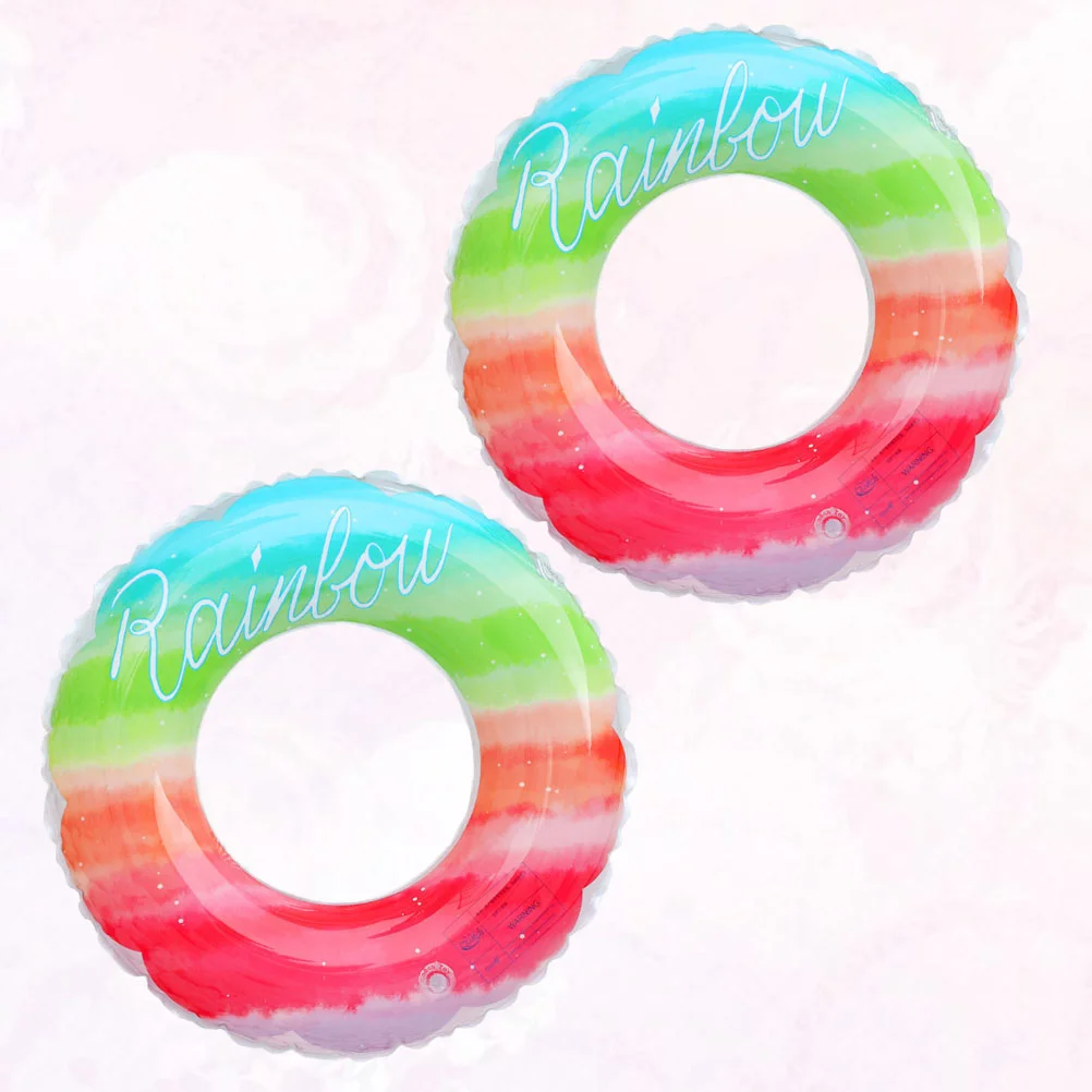 2pcs Thicken Plastic Rainbow Design Inflatable Swimming Ring Safety Aid Float Seat Ring Sports Accessory for Adults Children (12