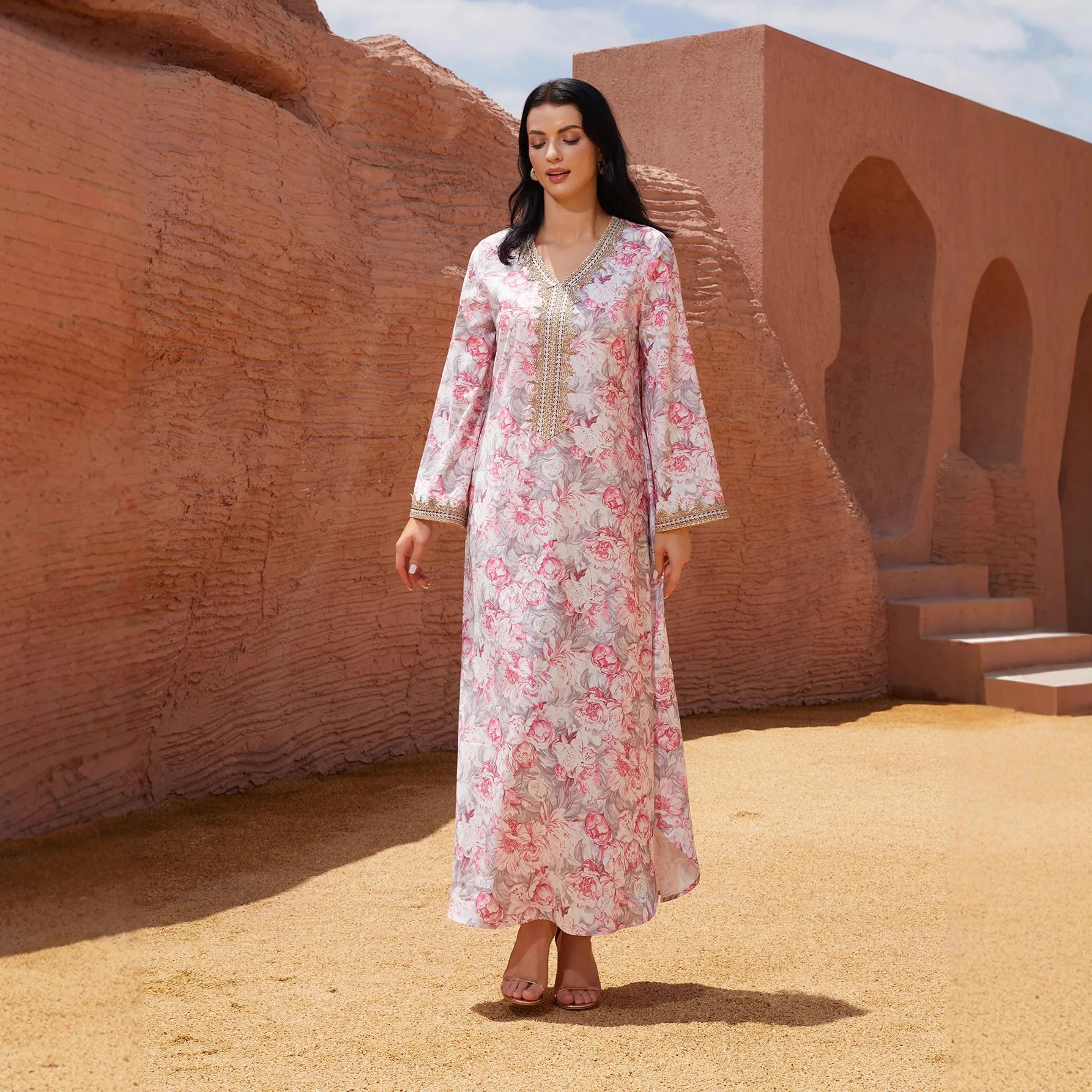 이드 아바야 여성 드레스 무슬림 플로럴 V넥 두바이 베스티도스 라르고스 롱 드레스 카프탄 아랍 로브 파티 카프탄 잘라비야 라마단