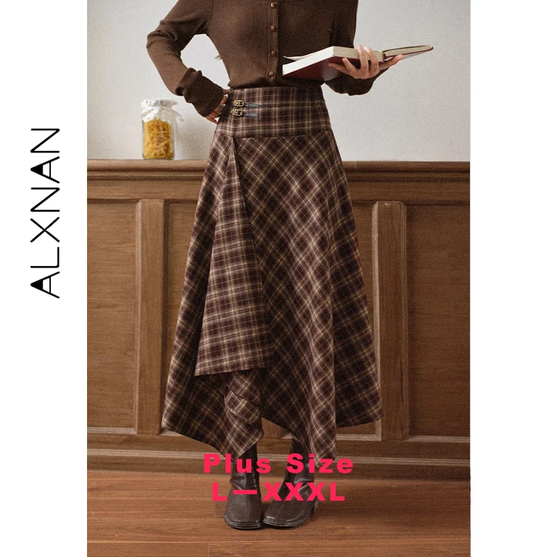 

ALXNAN винтажная клетчатая юбка больших размеров, нерегулярная клетчатая длинная юбка трапециевидной формы с высокой талией, осенняя офисная женская повседневная женская юбка D12727