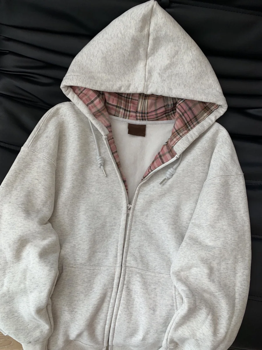 Sweat à capuche gris à carreaux patchwork rétro pour femmes, cardigan à fermeture éclair, polyvalent, décontracté, automne