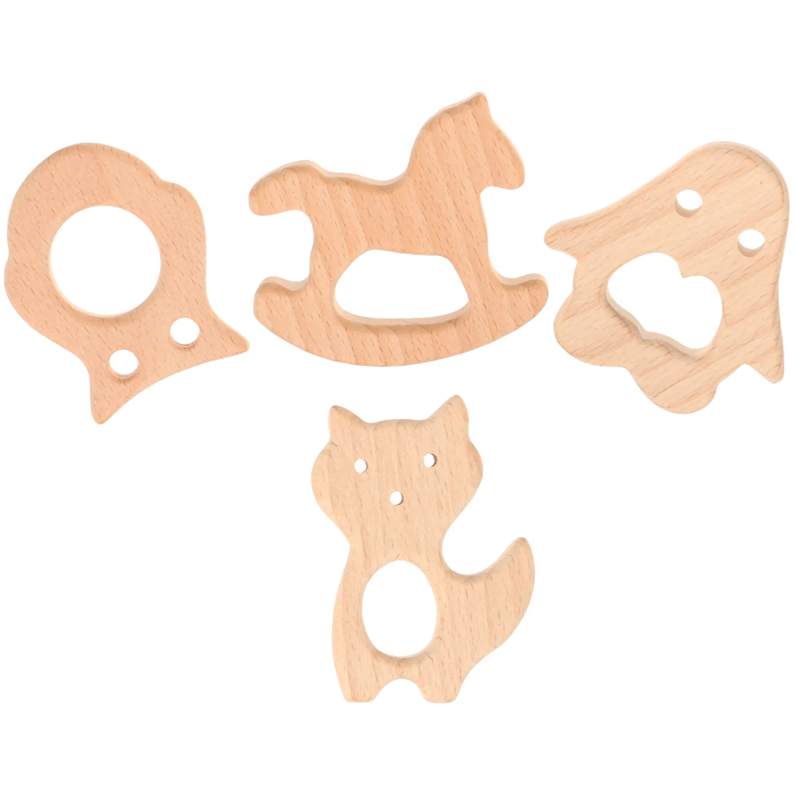 4 szt. Naturalne drewniane gryzaki dla niemowląt, prezent na ząbkowanie, gryzaki w kształcie zwierząt, kołyszące duszę gryzaki: Pingwin, Sowa, Kot, Konik na koniaku, drewniany gryzak