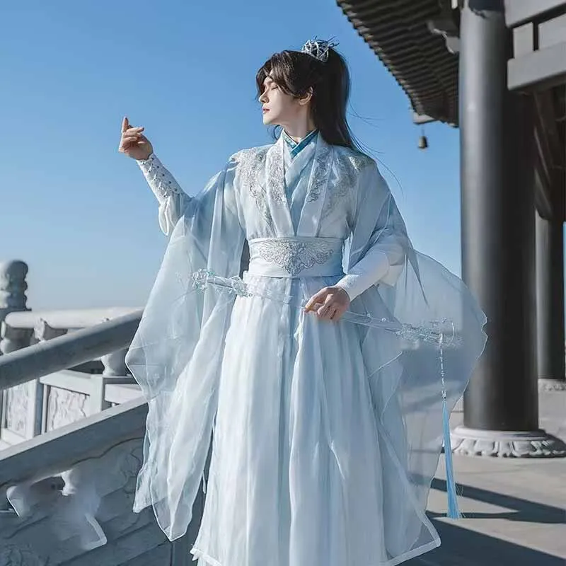 Large Size 3XL Hanfu Men Chinese Embroidery Light-blue Hanfu Suit Male Halloween Carnival Cosplay Costume Party Outfit Hanfu XXL - Image 5