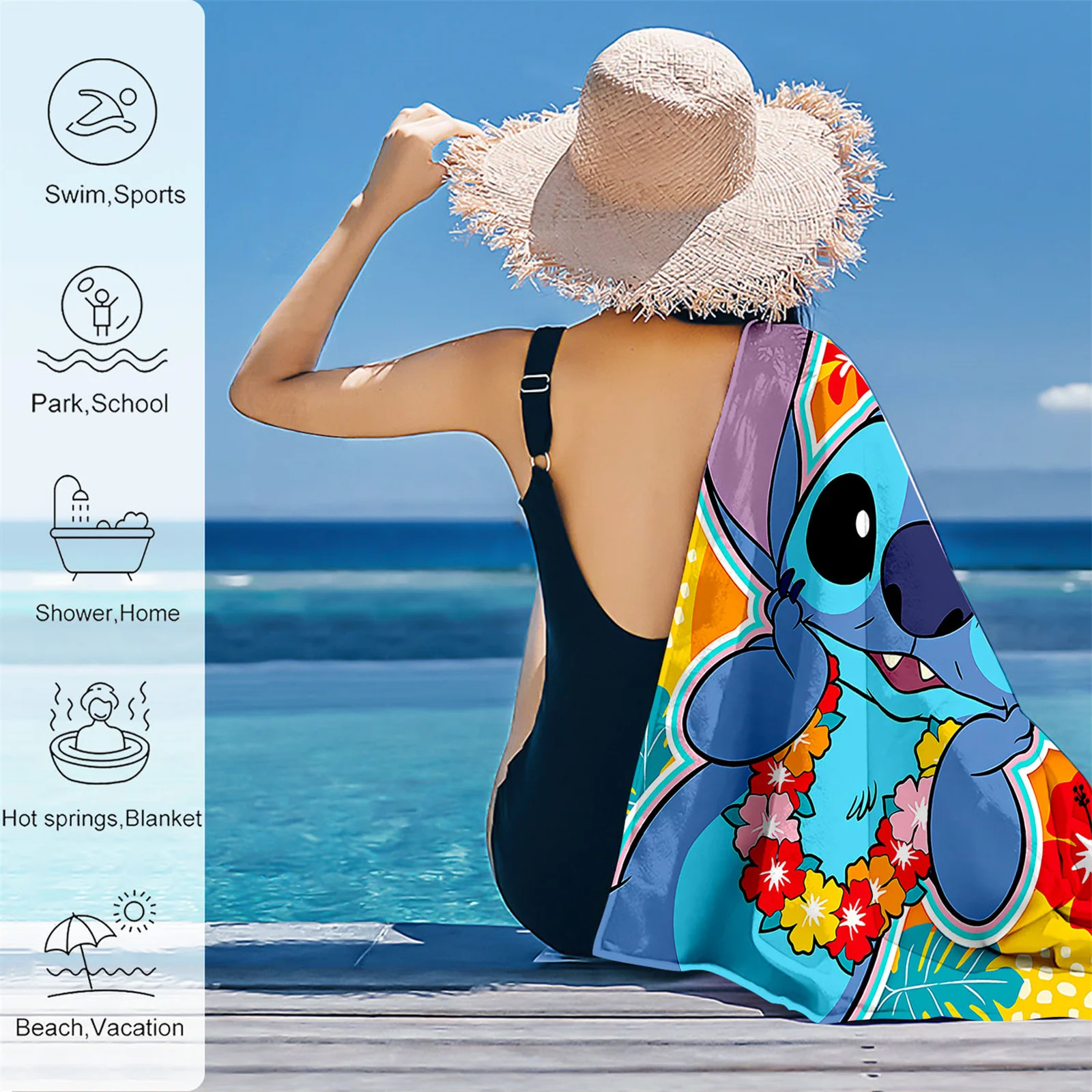 Lilo & Stitch Strandhanddoek, Schattige Cartoon, Huisdecoratie, Bad, Kinderen Superfijne Vezel Handhanddoeken, Badkamer, Yoga, Zwembad