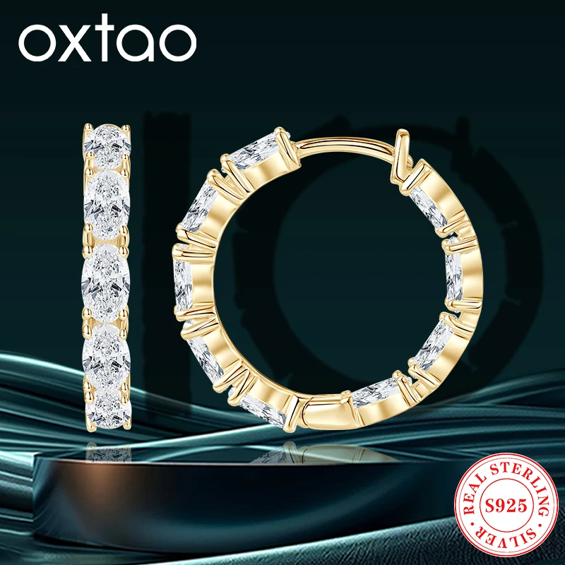 

OXTAO Original 925 Silver Sparkling Oval D Moissanite Hoop Stud Earrings Plated 14K Gold Huggie Piercing Earring Wedding Jewelry