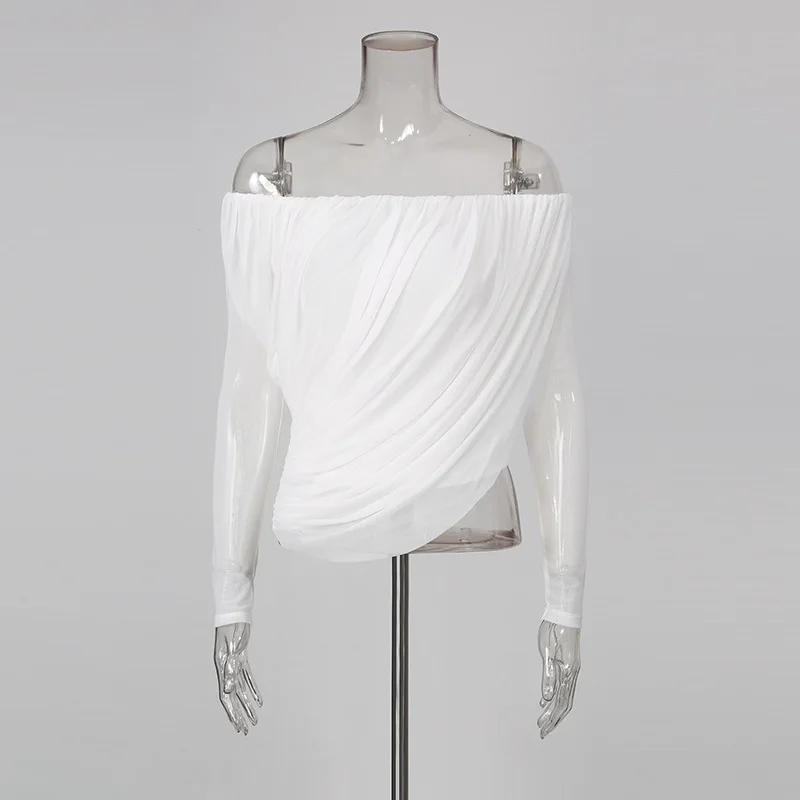 ZAMOR HIGH STREET 2026 Autumn New Women's Sexy Mesh Off-Shoulder Bandeau Long Sleeve Solid Blouse Casual Top