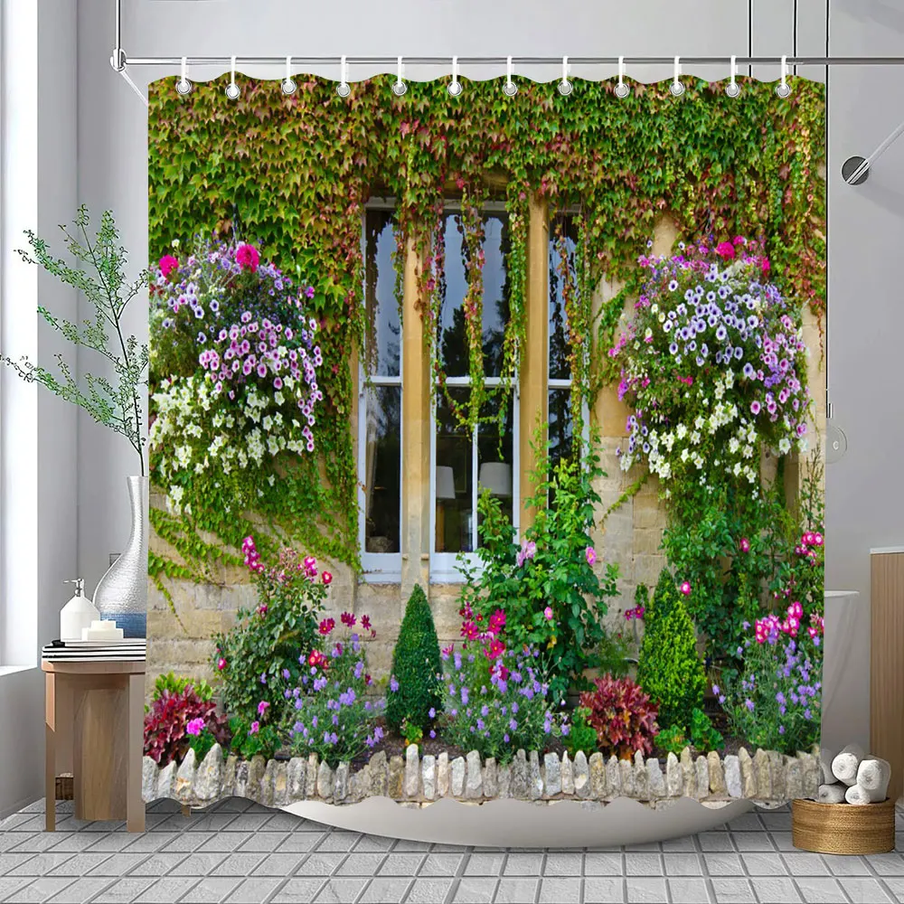 Full of Flowers European Window Wall Shower Curtain Natural Scenery Outdoor Garden Poster Polyester Bath Curtains Bathroom Decor