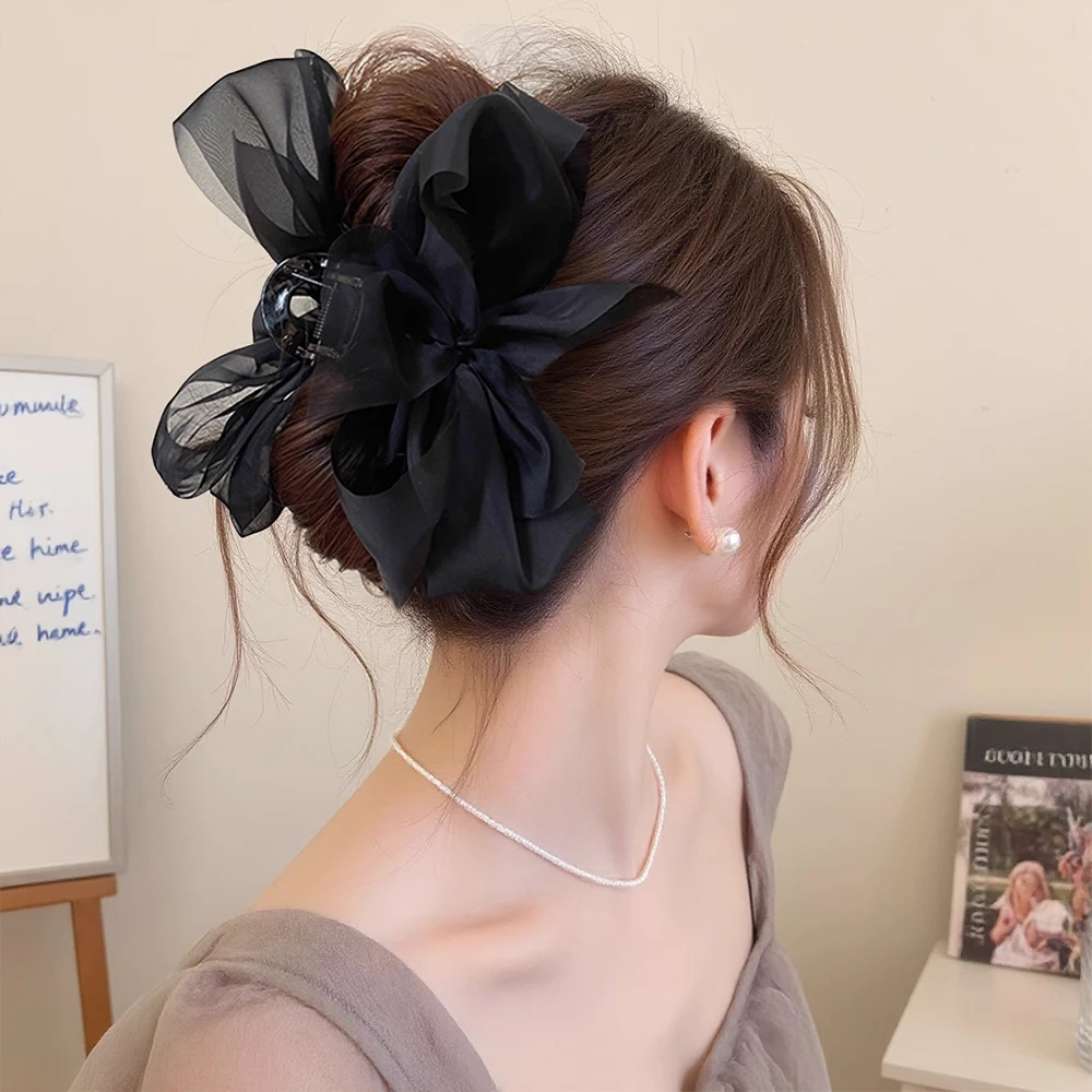 Moda malha tule garra de cabelo com arco grande elegante retro feminino fio líquido rabo de cavalo titular trança acessório de cabelo presentes