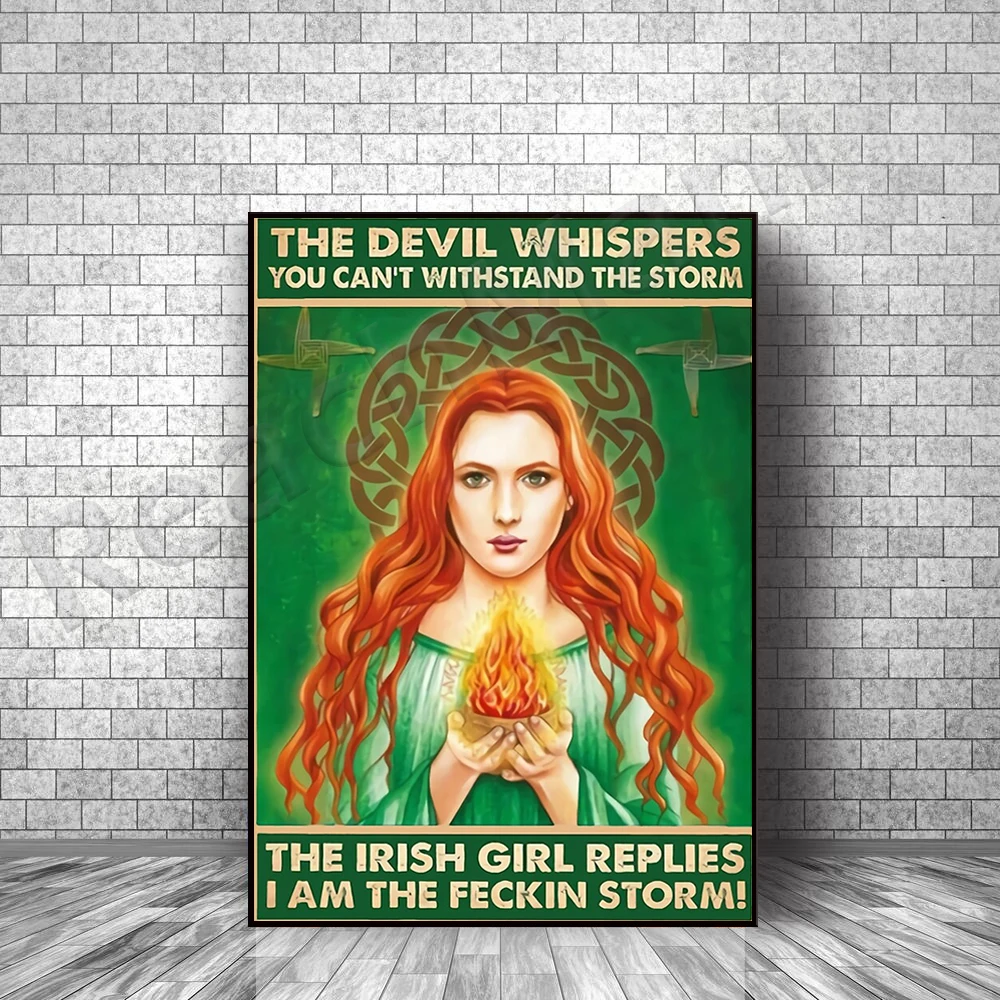 Irish Girl Devil Whisper You Can't Take the Storm Irish Girl Reply I Am Feckin Storm Decorative Canvas Print Poster