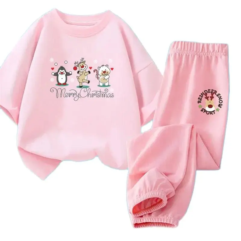 Girl Summer Clothes Set Children's 2pcs Christmas Reindeer Short-Sleeved T-shirt and Pants Fashion Suit Teens Student Outfits