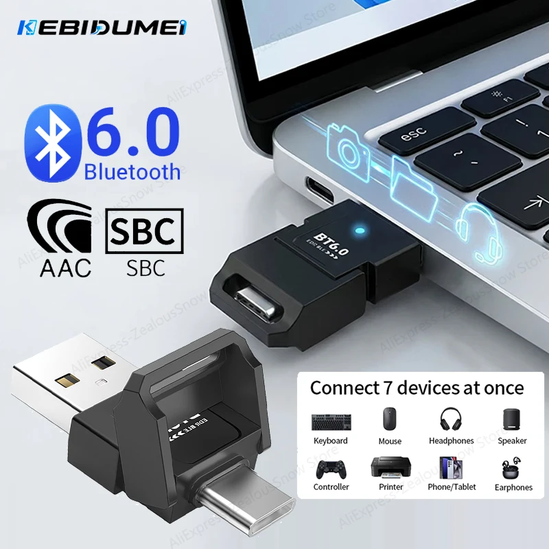 KEBIDUMEI Bluetooth 6.0-Adapter, USB-Typ-C-2-in-1-Dongle-Empfänger, BT 6.0-Audio-Sender, unterstützt Windows 8.1/10/11, Plug-and-Play
