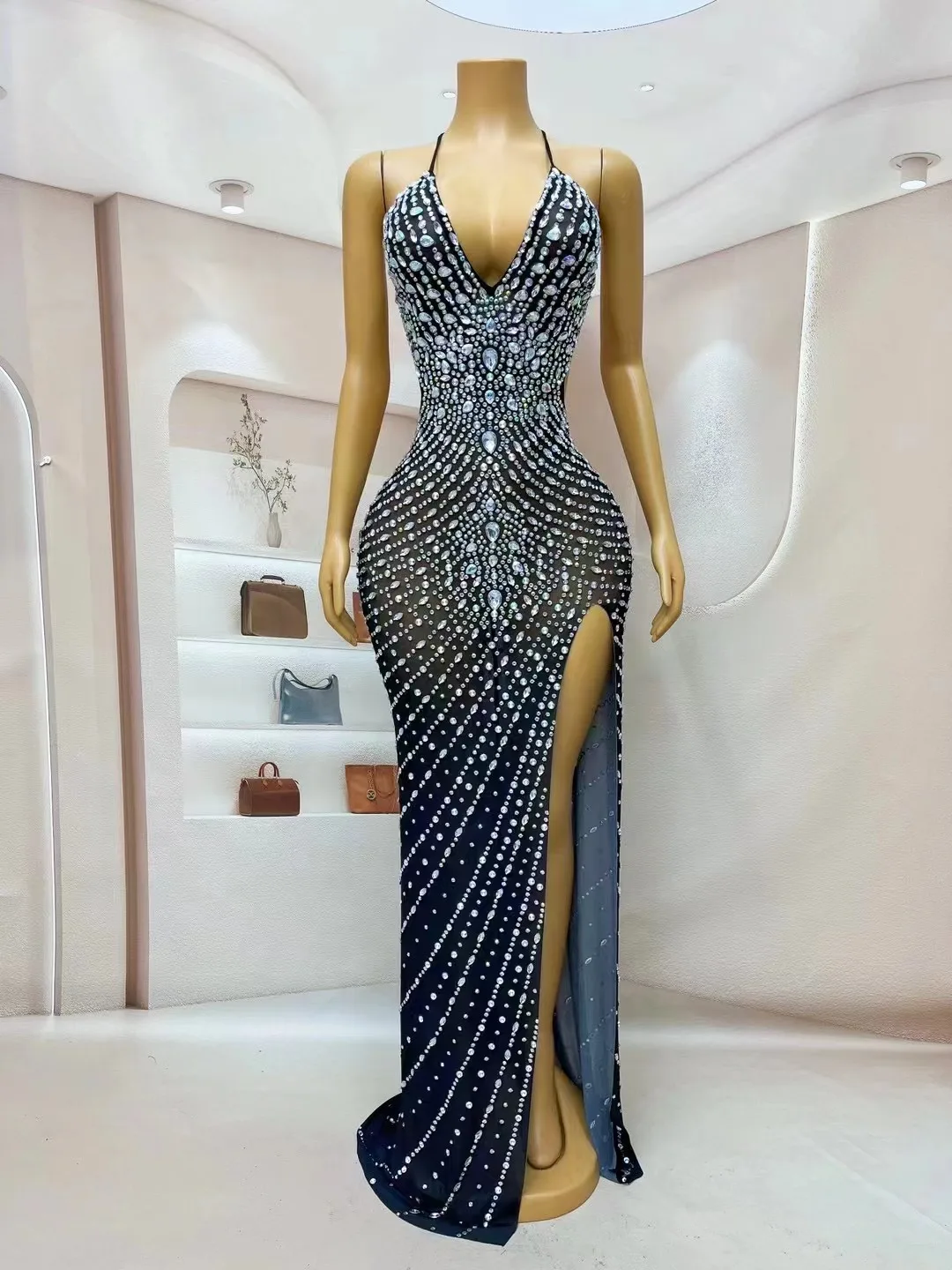 

Sparkly AB Rhinestones Deep V Neck Backless Split Black Long Dress Celebrate Wedding Evening Gown Birthday Dress Sexy Stage Wear