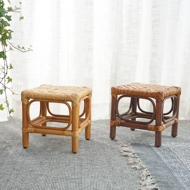 Vintage Rattan Stool, Handwoven Ottoman Bench with Solid Wood Frame, Boho Entryway Shoe Rack, Compact Seat for Living Room