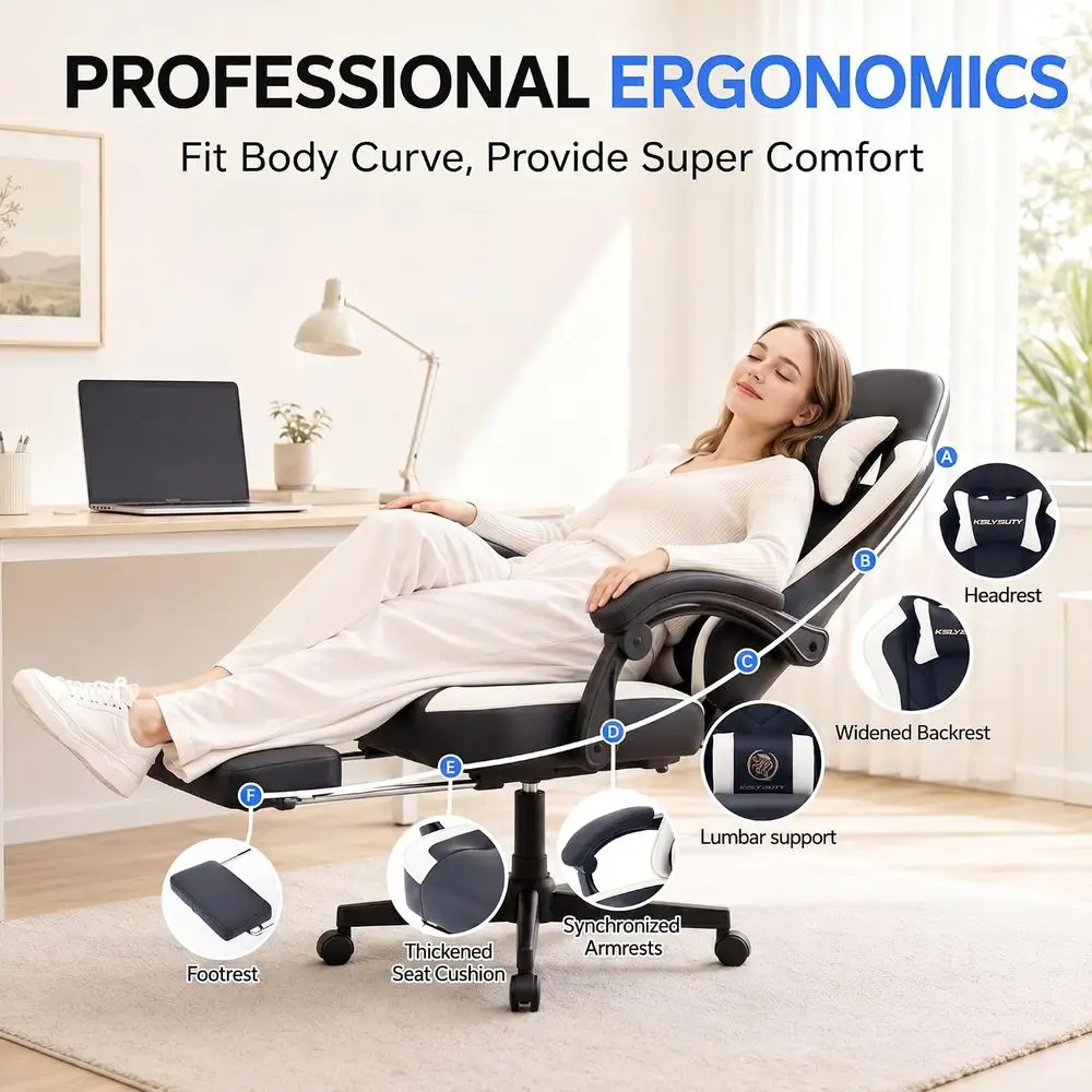 Desk Computer Gaming Chair - High Back Ergonomic Oice Chair with ootrest and Lumbar Support, Swivel Comy Home Gamer Video Game C view 5
