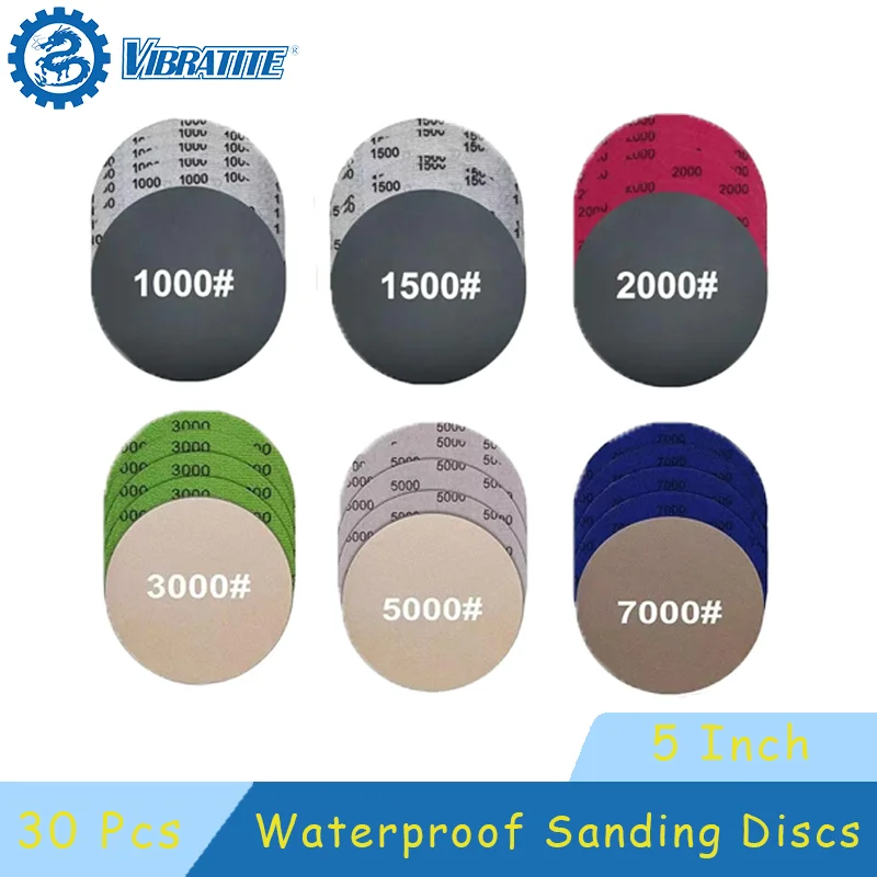 5 Zoll wasserdichte Schleifscheibe, 125 mm, sortiert, Körnung 1000–7000, 30 Stück, Klettverschluss-Siliziumkarbid-Schleifpapier zum Polieren und Schleifen
