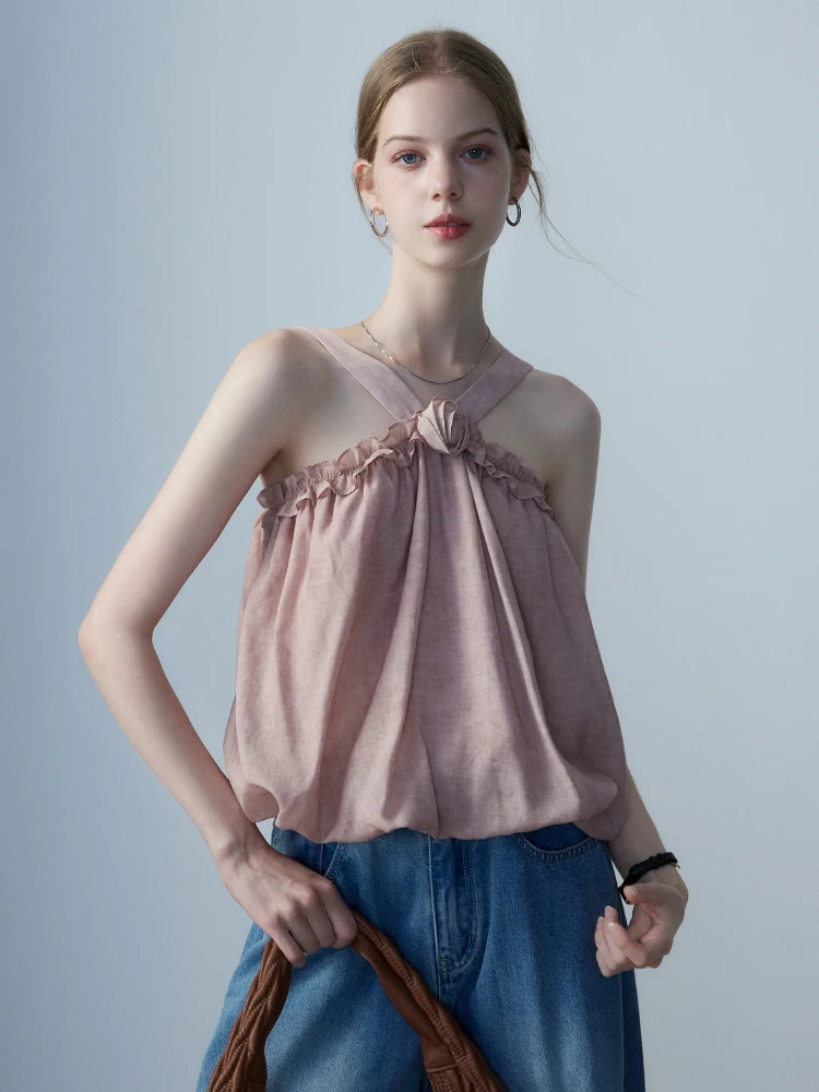 

EGGKA Neck Hanging Rose Pattern Tank Top Sleeveless Outerwear Pure Color Summer New Design Commuting Versatile Women's Vest